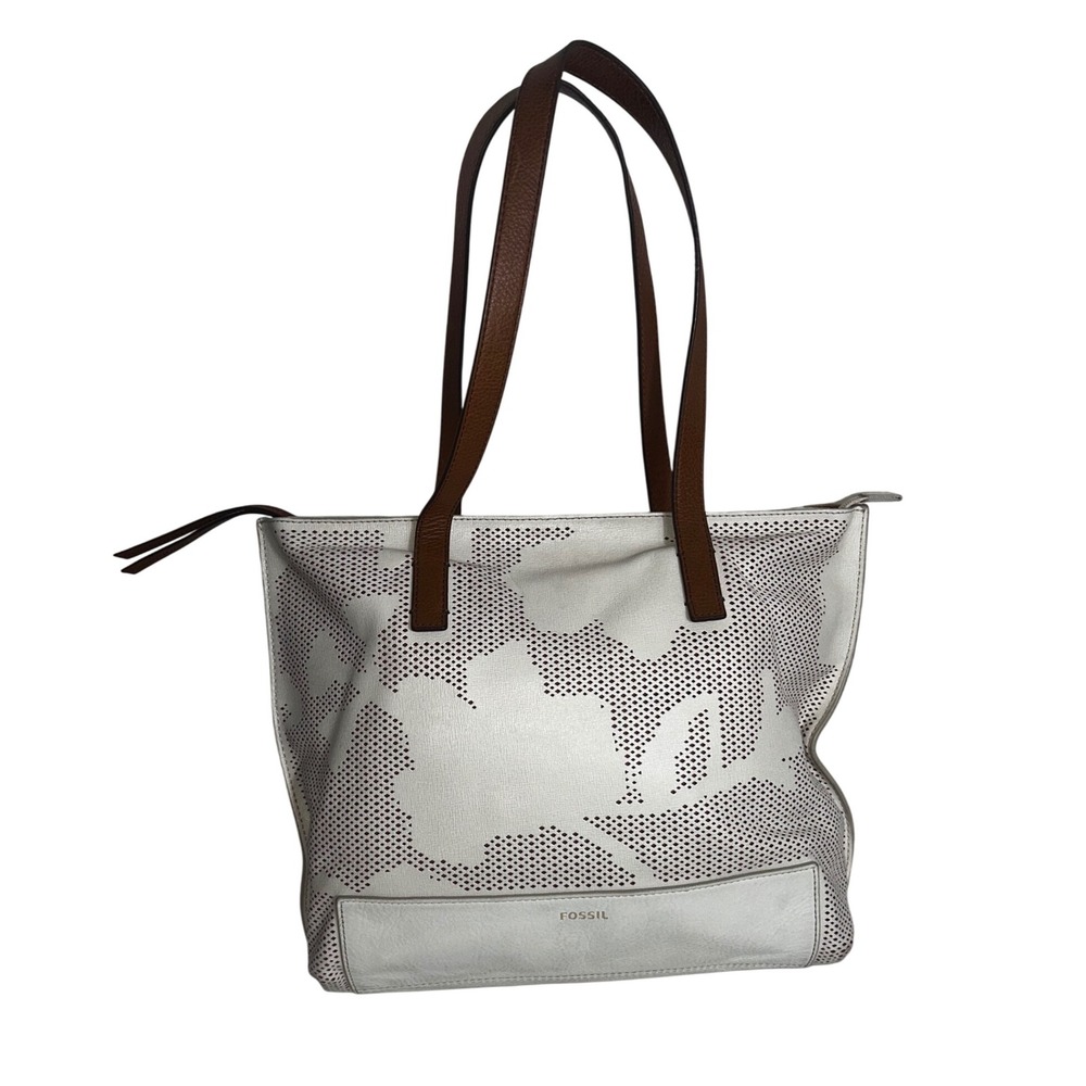 White Madison Fossil Tote Bag Perforated Floral Leather Brown Handle ShoulderBag